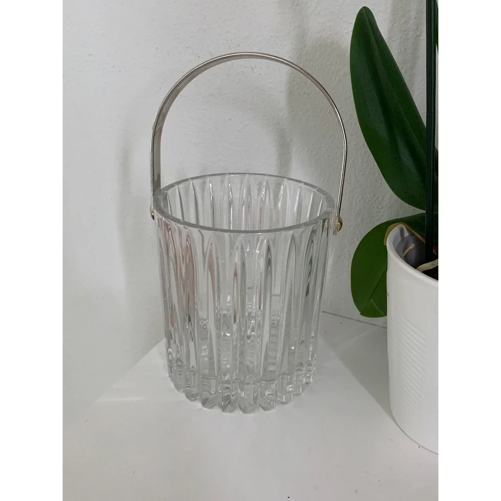 Vintage Ribbed Crystal Glass Ice Bucket with Silver Swing Handle Clear Fluted